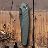 PROTECH KNIVES PEACE NEIGHBOR AVALON THUMB STUD - GREEN KNURLED ALUMINUM HANDLE, DLC BLACK MAGNACUT BLADE, BLACK LIP PEARL BUTTON, BLACK THUMB STUDS AND HARDWARE, BLACK LONG DEEP CARRY CLIP.