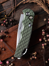 ProTech Tactical Response 5 - green handle feather texture, stonewash S35 blade, mosaic pin button, satin hardware, Plain Edge, satin deep carry clip