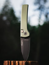 ProTech Knives Chavez Scapegoat Compact Auto - solid green aluminum handle, DLC Black MagnaMax blade, black lip pearl button, black hardware, black deep carry clip