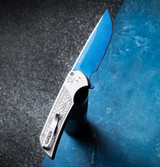 PROTECH KNIVES MORDAX - HARDENED 17-4 STAINLESS STEEL NEXUS TEXTURED HANDLES, SAPPHIRE BLUE MAGNACUT BLADE, SATIN HARDWARE, ABALONE BUTTON, POLISHED CLIP.