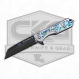 HERETIC KNIVES CUSTOM JINN MANUAL BLUED VEGAS FORGE HERRINGBONE DAMASCUS WITH TITANIUM CHASSIS AND ABALONE INLAYS SN 10 BSTX26009