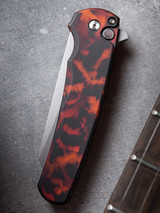 Protech Knives Malibu "Del Fuego" custom anodized handle MAGNACUT Reverse Tanto blade, stonewash finish, black lip pearl button, satin hardware. Plain Edge. 5401-DF