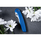 Protech Knives Peace Neighbor Avalon knurled blue aluminum handle, machine satin Magnacut blade, white pearl button, satin thumb studs and hardware, polished long deep carry clip PN1100-LTD Blue