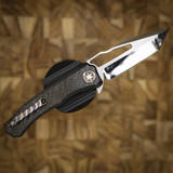 HERETIC KNIVES WRAITH MANUAL TANTO CRACKED ICE CARBON FIBER CHASSIS ABALONE BUTTON INLAY FLAMED TITANIUM HARDWARE
