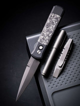 ProTech Knives Godfather Auto, TechnoCarbo Black Carbon Fiber Inlays, DLC Black 154cm Blade, Black Lip Pearl Button 905-LTD TC Black