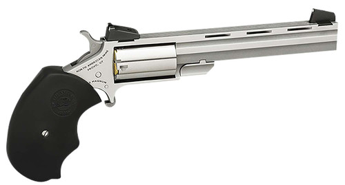 North American Arms MMTL Mini-Master *CA Compliant 22 LR 5 Shot 4" Stainless Steel Vent Rib Barrel, Stainless Steel Frame, Stainless Cylinder, Black Finger Grooved Rubber Grip, Exposed Hammer TSW|51206