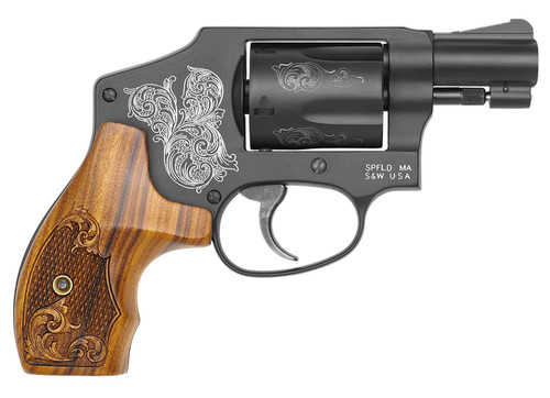 Smith & Wesson 150785 Model 442 38 S&W Spl +P 5 Shot 1.88" Engraved Black Carbon Steel Barrel/Cylinder, Engraved Black Aluminum J-Frame, Engraved Wood Grip, Mahogany Presentation Case TSW|61817