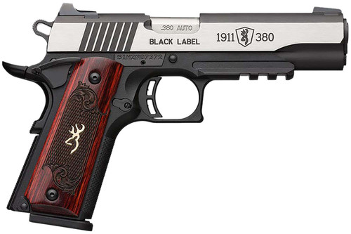 Browning 051971492 1911 Black Label Medallion Pro 380 ACP 8+1 4.25" Target Crown Barrel, Blackened w/Silver Polished Flats Serrated SS Slide, Matte Black Polymer Frame w/Beavertail & Picatinny Rail TSW|135157