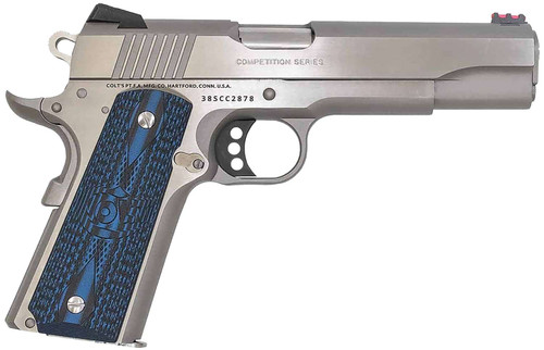 Colt Mfg O1073CCS Competition Government 38 Super 9+1 5" Stainless National Match Barrel, Serrated Slide & Frame w/Beavertail, Checkered Blue G10 Grip, Ambidextrous TSW|35128