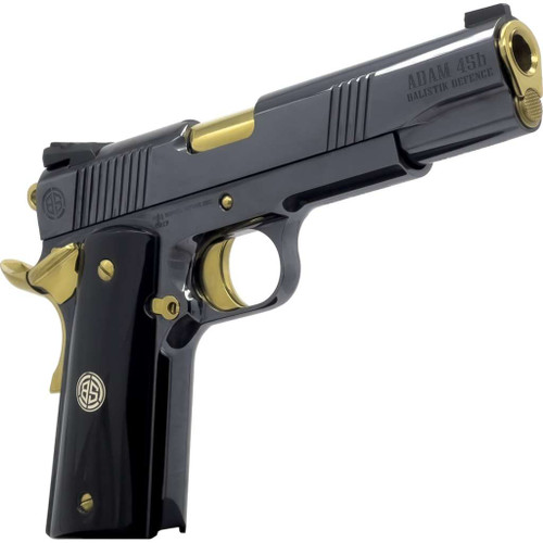 Dickinson LLC DKSN45AB Adam 1911 Acoustic Full Size 45 ACP 8+1 5" Gold Barrel, Shiny Black Steel B Serrations Slide, Shiny Black Steel Frame w/Beavertail TSW|200591