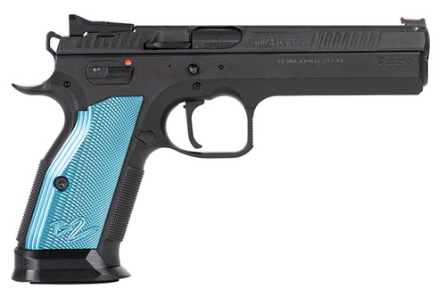 CZ-USA 91222 TS 2 40 S&W 17+1 5.28" Black Steel Barrel, Black Serrated Steel Slide, Black Polycoat Steel Frame w/Beavertail, Blue Checkered Aluminum Grip, Ambidextrous TSW|143217