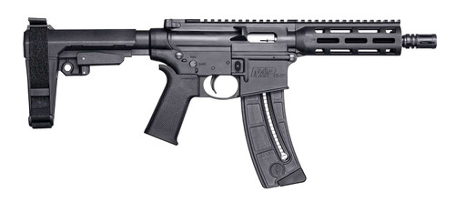 Smith & Wesson 13321 M&P15 Pistol 22 LR 8" Black Carbon Steel Barrel 25+1, Black SB Tactical SBA3 Adjustable Arm Brace Stock, Black Magpul MOE Grip, Manual Safety, Optics Ready TSW|132139