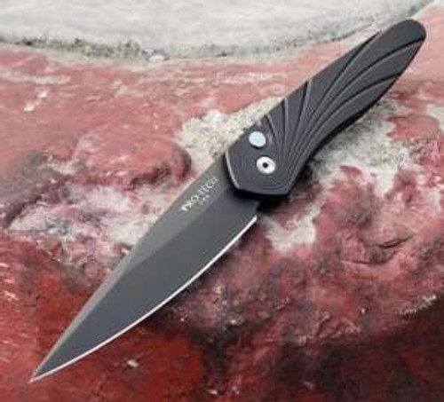 Protech Newport - Black handle with Wave patterned front, mop button, S35vn DLC black Blade. 3437 3437.