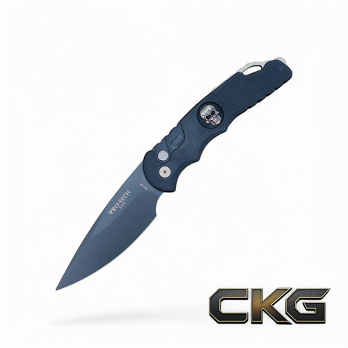 ProTech SKULL Ltd. Edition Black Handle Bruce Shaw designed sterling silver skull abalone button black dlc 154CM Blade. TR-4.70.