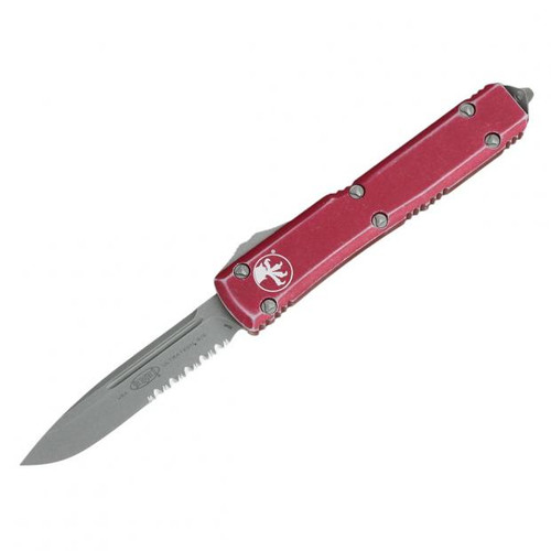 Microtech Ultratech Single Edge Stonewash Partial Serration Distressed Red Handle 121-11DRD 121-11DRD.