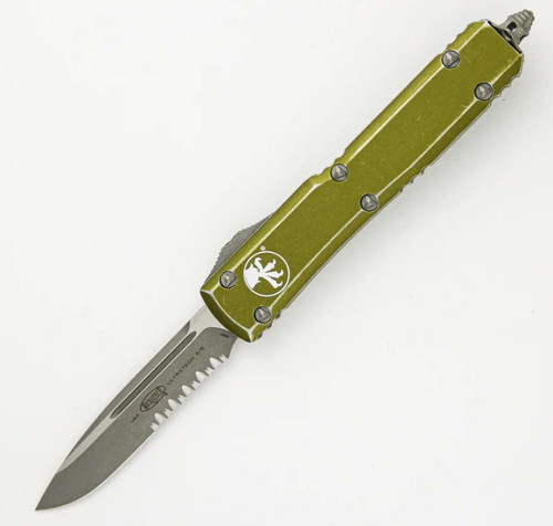 Microtech UTx-85 Drop Point Partial Serrated Apocalyptic Distressed OD Green Handle 231-11DOD 231-11DOD.