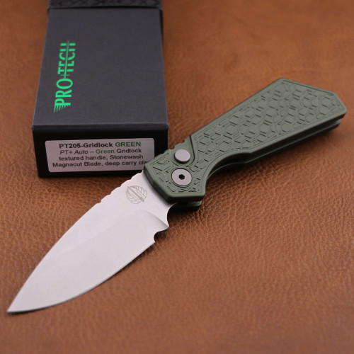 ProTech Strider PT+ Auto Green GRIDLOCK textured handle stonewash Magnacut Blade blasted hardware blasted clip PT205-Gridlock Green PT205-Gridlock Green.