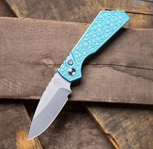 ProTech Strider PT+ T Blue GRIDLOCK handle Stonewash Magnacut Blade pearl button satin hardware polished clip PT205-Gridlock LTD T Blue PT205-Gridlock LTD TBlue.