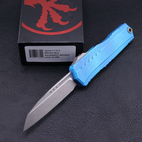 Microtech Cypher II Single Edge Apocalyptic Marbled Blue Handle 1241-10MBL 1241-10MBL.