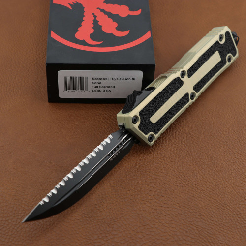 Microtech Scarab II Gen III Double Edge Full Serated Black Blade Sand Handle 1180-3SN 1180-3SN.
