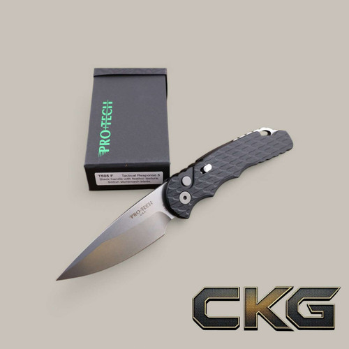 Pro-Tech Tactical Response 5 - Black handle with feather texture Stonewash S35 Blade blasted hardware PLAIN Edge black deep carry clip. T505-F.