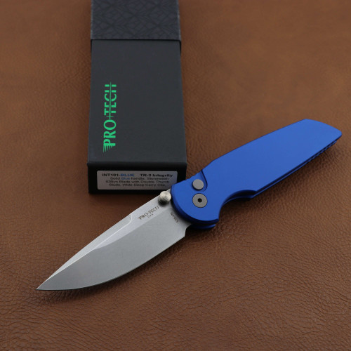 ProTech TR-3 Integrity Thumbstud Manual Blue handle Stonewash blade INT101-Blue INT101-Blue.