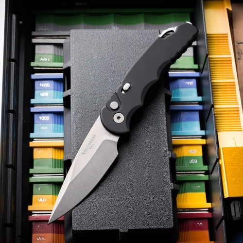 Pro-Tech TR-5 Automatic Knife (Tactical Response 5) – 3.25" Stonewash S35VN Blade, Black Handle, Slide Safety, Glass Breaker, Deep Carry Clip
