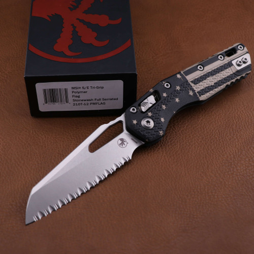 Microtech MSI Stonewashed Tri-Grip Polymer Flag Full Serrated 210T-12PMFLAG 210T-12PMFLAG.