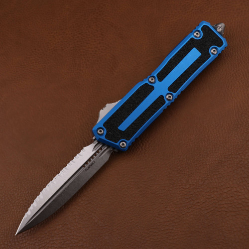 Microtech Scarab II Gen III Double Edge Full Serrate Stonewash Blue Handle 1280-12BL.