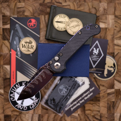 Microtech Knives LUDT – Tanto Edge Marfione Select Blued Baker Forge Coppermai Damascus Carbon Fiber Bronzed Hard Cut Hardware & Purple Titanium Accent 1136-16MS3