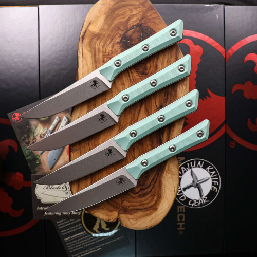 Microtech 4.5" Steak Knife Set Stonewash Standard Carribean Blue G-10 3600-10SETCA