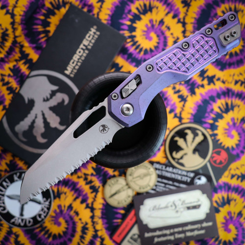 Microtech MSI Ram-Lok Full Serrated Marfione Select Stonewash Finish Pruple Haze Anodized Frag Pattern Titanium W/ Purple Accent Double Vapor Blast 210-12FRMS5