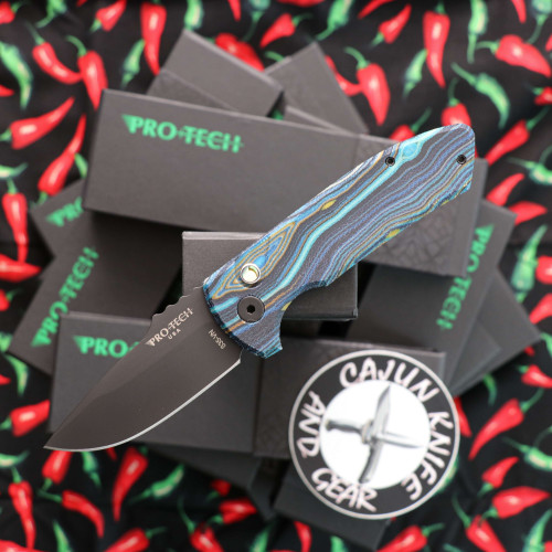 ProTech Knives SBR Auto with thicker aluminum bottom, G-Carta "Starry Night" custom micarta top, DLC black S35vn blade, abalone push button, all black hardware, black deep carry pocket clip. LG423-Starry Night