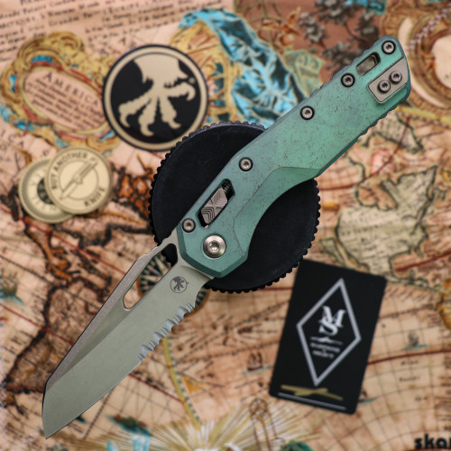 Microtech MSI RAM-LOK Partial Serrated Marfione Select Bronzed Antique Green Slab Side Titanium Bronzed Double Vapor Blast Stainless