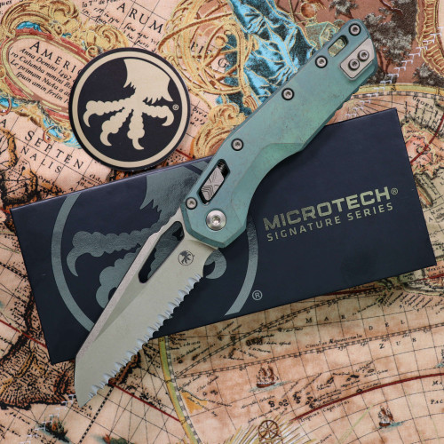 Microtech MSI Ram-Lok Full Serrated Marfione Select Bronzed Antique Green Anodized Slab Side Titanium Bronzed Double Vapor Blast Stainless 210-15MS1