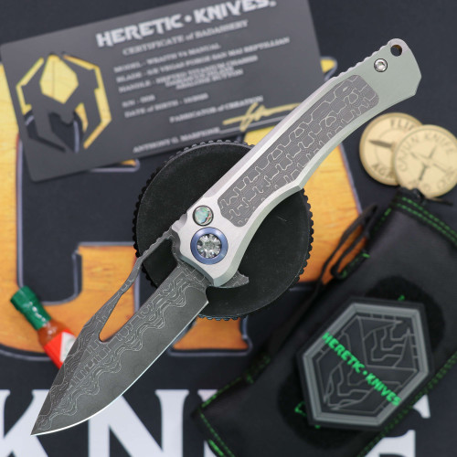 Heretic Knives Wraith Single Edge Manual Vegas Forge SanMai Reptillian Damascus with Titanium Chassis Abalone Button #8 BSW25-001