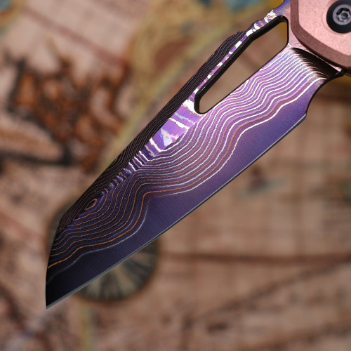 Microtech MSI RAM LOK Marfione Select Blued Baker Forge Coppermai Damascus Stonewash Frag Pattern Copper with Purple Titanium Accent, DLC Double Vapor Blast Stainless 210-16FRMS3