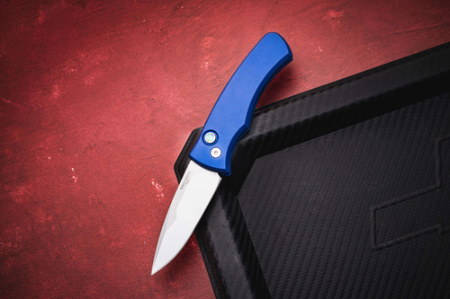 ProTech DUKE 2 - Navy blue 6061 aluminum handle, Mike Irie hand ground 154cm blade, abalone button, satin hardware. 2025 Duke Custom 004