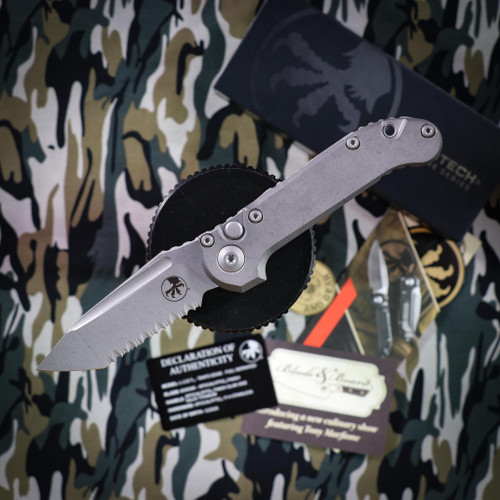 Microtech LUDT Tanto Edge Full Serrated Marfione Select Apocalyptic Finish Slab Side Titanium Apocalyptic Stainless