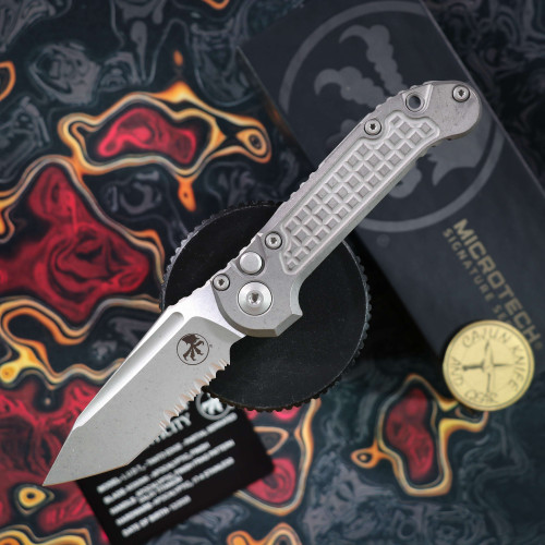 Microtech LUDT Tanto Edge Partial Serrated Marfione Select Apocalyptic Finish Frag Pattern Titanium Apocalyptic Stainless 1136-11APFRMS1