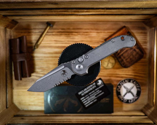 Microtech LUDT – Tanto Edge Partial Serrated, Marfione Select Apocalyptic Finish, Slab Side Titanium, Apocalyptic Stainless 1136-11APMS1