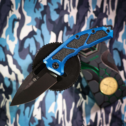Heretic Knives Medusa Manual Tanto Edge Standard Blue Chassis with tactical hardware H009-6A-BLU