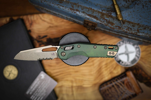 Microtech MSI RAM-LOK Partial Serrated Marfione Select Bronzed Antique Green Slab Side Titanium Bronzed Double Vapor Blast Stainless 210-14MS1