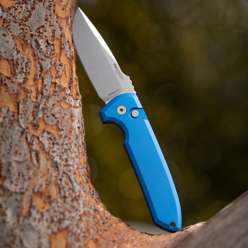 ProTech  Rockeye Auto - Solid blue Handle, Stonewash Magnacut Blade, blasted hardware, blasted clip, Plain Edge.