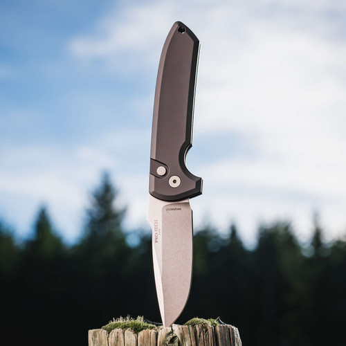 ProTech Rockeye Auto - Solid Black Handle, Stonewash Magnacut Blade, blasted hardware Black Clip, Plain Edge. LG3101