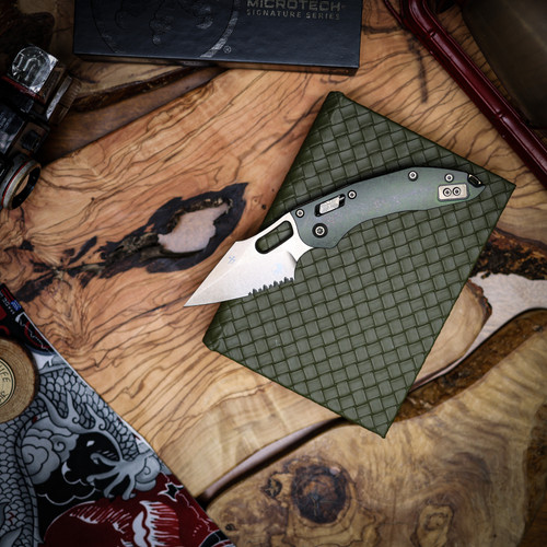 Stitch RAM-LOK Partial Serrated Marfione Select Bronzed Stonewash Finish Antique Green Anodized Slab Side Titanium  Bronze Titanium Accent Bronzed Double Vapor Blast Stainless