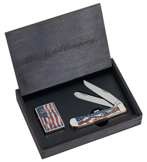 CASE FORD EMBELLISHED SMOOTH NATURAL BONE TRAPPER WITH RED AND BLUE COLOR WASH AND BLACK DEFINITION GIFT SET