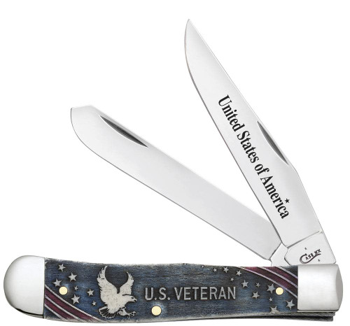 Case U.S. Veteran Gift Set Embellished Smooth Natural Bone with Blue and Red Color Wash Trapper (In Velvet Box) 16300