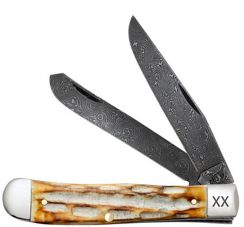CASE DEEP CANYON JIGGED BURNT NATURAL BONE TRAPPER RAINDROP DAMASCUS