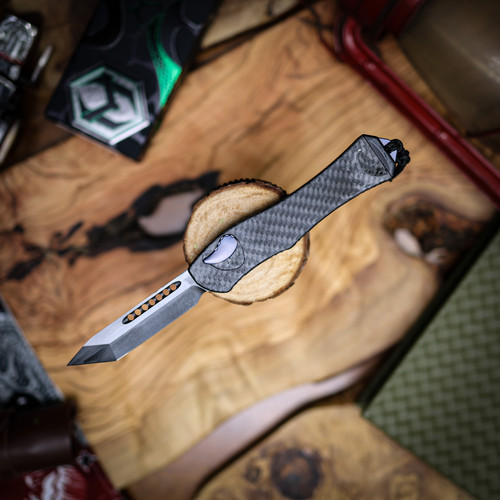 Heretic Knives  Hydra V4 Tanto DLC Full Carbon Fiber Chassis Hand Flamed Titanium Button Cover, Charge Plate And Pocket Clip.